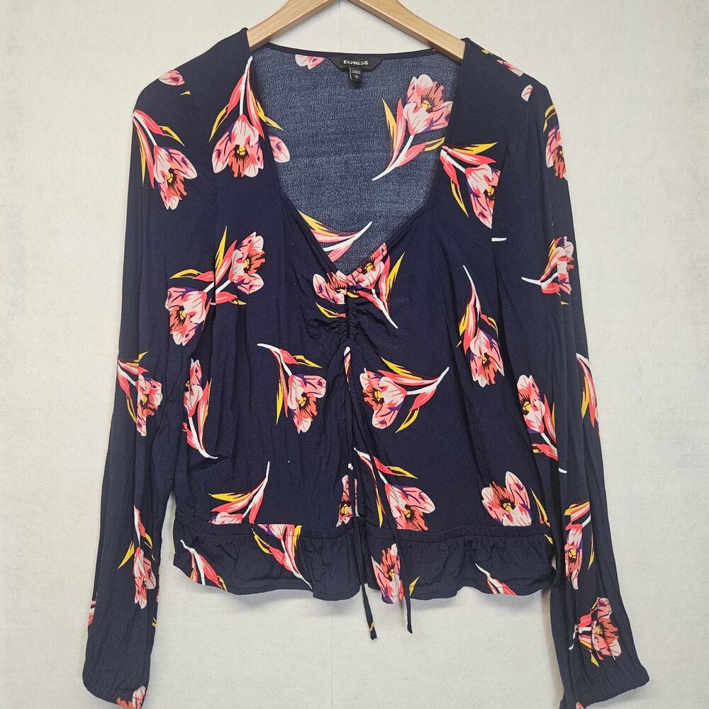 Express Navy Blue Floral Blouse Long Sleeve Keyhole Front Size L boho